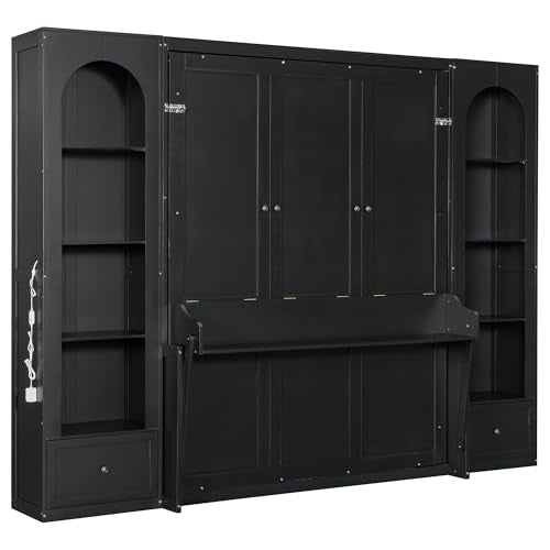 Queen Size Murphy Bed with Sofa, Shelves, USB & Light, Wall Bed and Tall Cabinet with Glass Doors & Wine Rack, White D2996