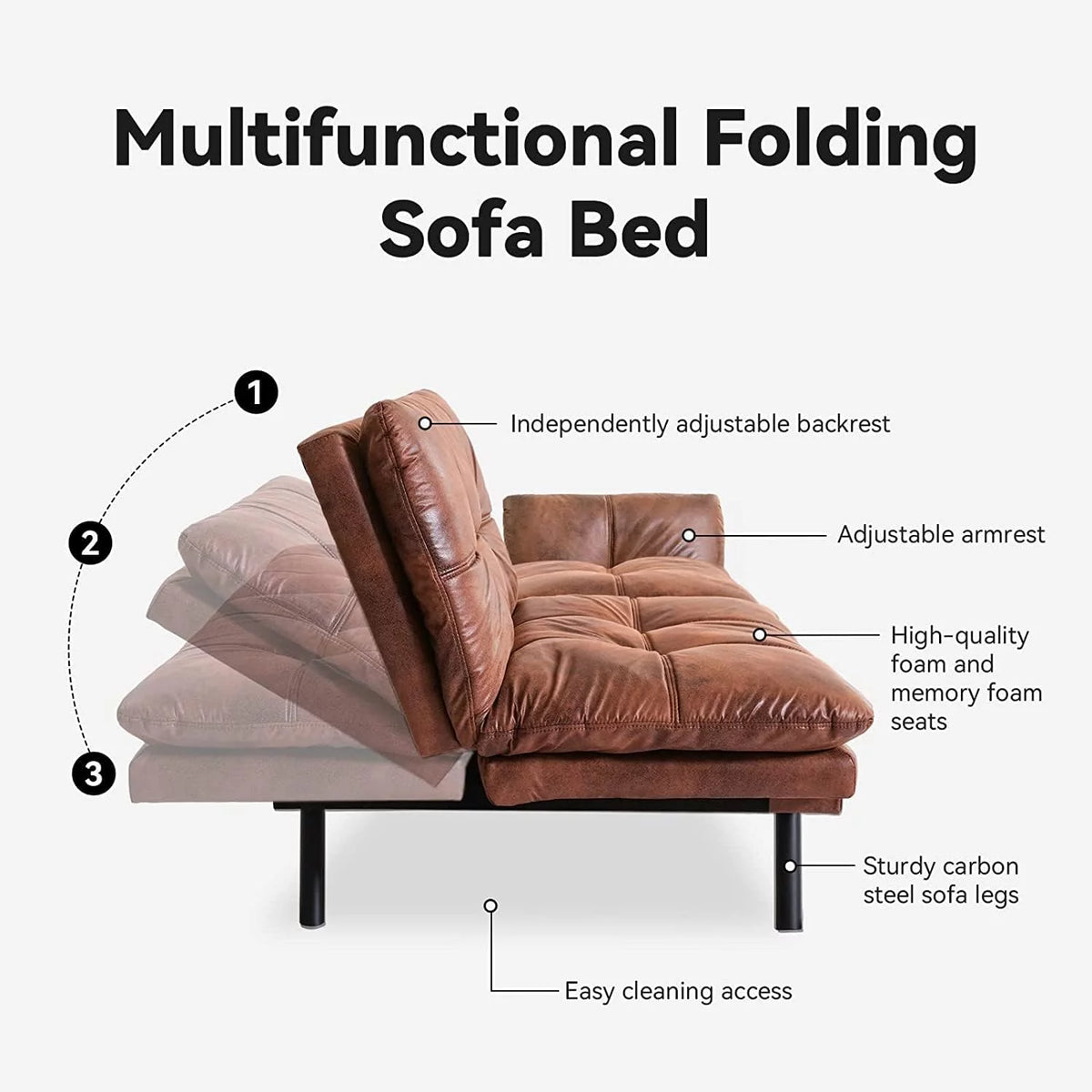 Brown PU Leather Memory Foam Folding Sofa Bed B60553