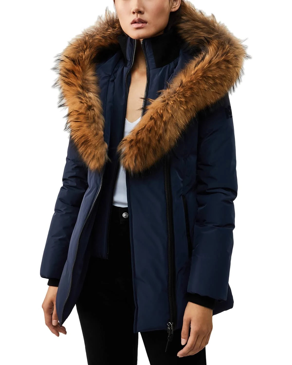 Navy Fur Trim Down Coat L3303