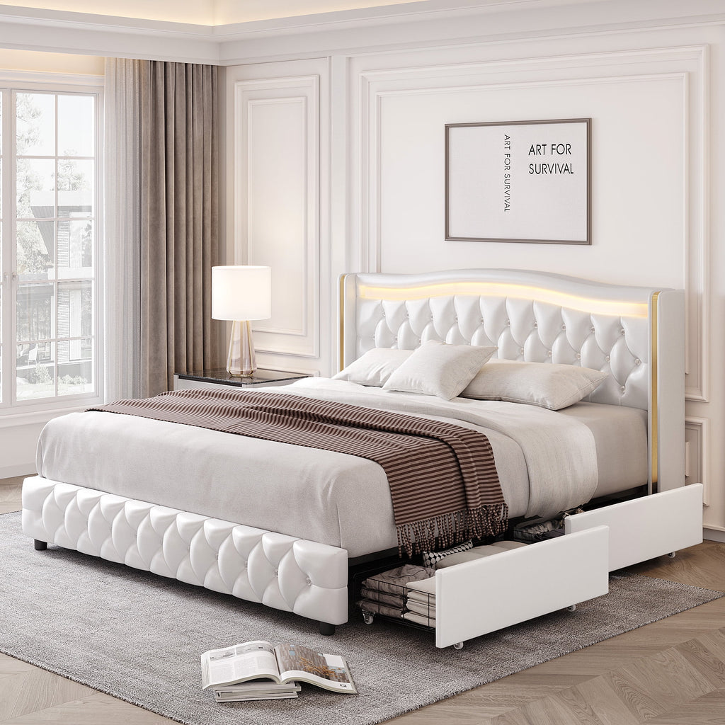 White Queen Size LED Platform Bed with 4 Storage Drawers T46884