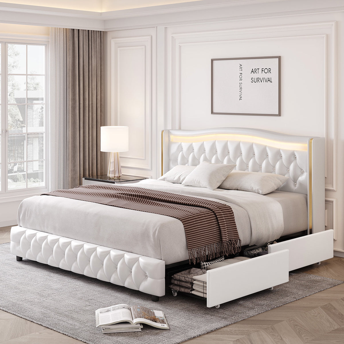 White Queen Size LED Platform Bed with 4 Storage Drawers T46884