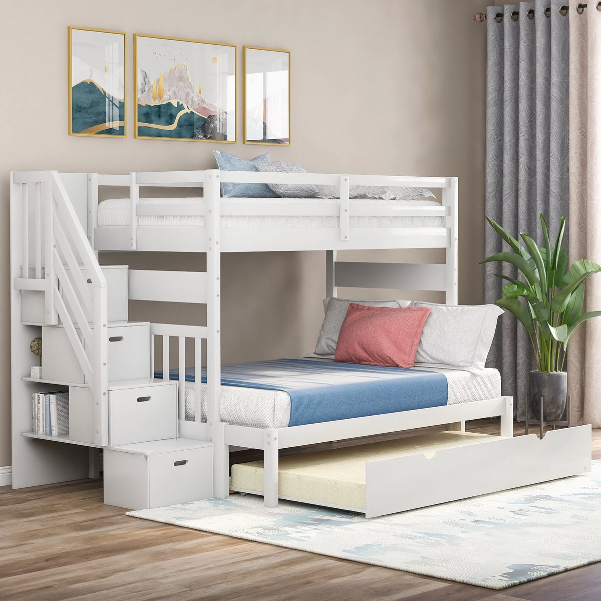 White Twin over Full Bunk Bed with Trundle and Storage X2723