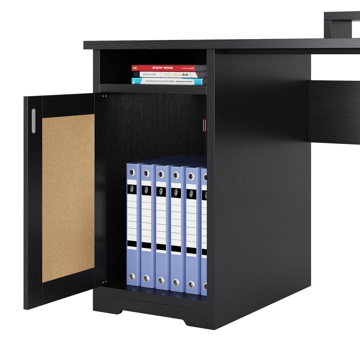 Black L-Shaped Desk with Power Outlet and File Cabinets E418012