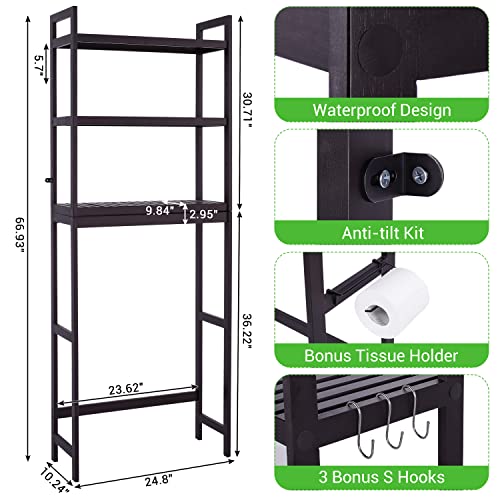 Bamboo 3-Tier Over The Toilet Storage Shelf with Paper Holder and 3 Hooks M4399