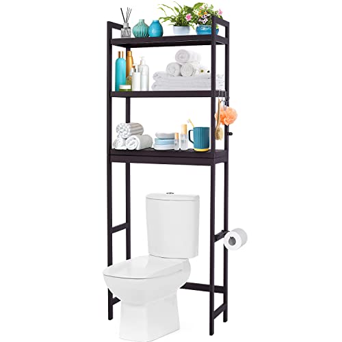 Bamboo 3-Tier Over The Toilet Storage Shelf with Paper Holder and 3 Hooks M4399