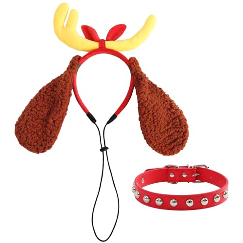 Christmas Deer Antler Dog Costume Reindeer Ears Headband Red Collar T2371