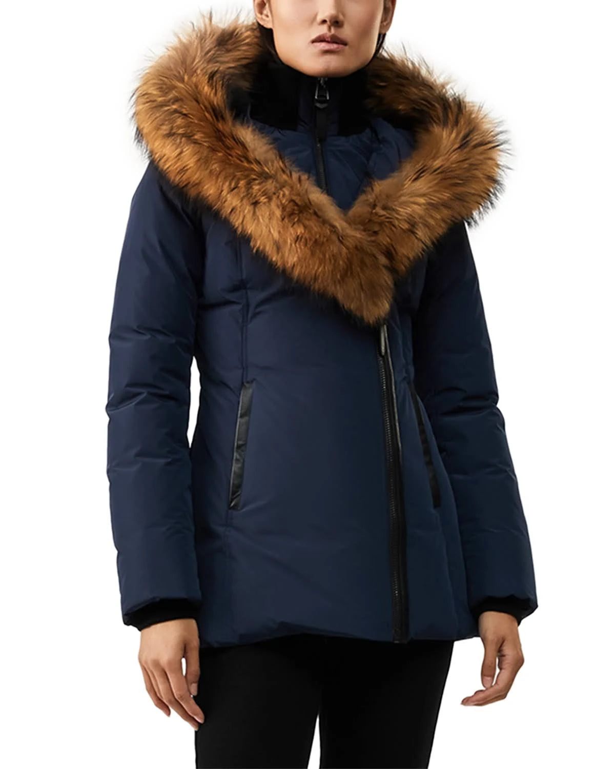 Navy Fur Trim Down Coat L3303