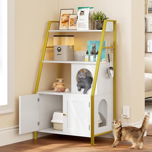 Gold White Wooden Cat Litter Box Enclosure with Shelves N4096