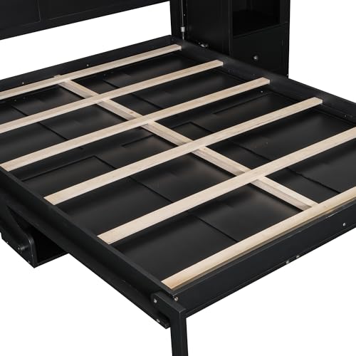 Queen Size Murphy Bed with Sofa, Shelves, USB & Light, Wall Bed and Tall Cabinet with Glass Doors & Wine Rack, White D2996
