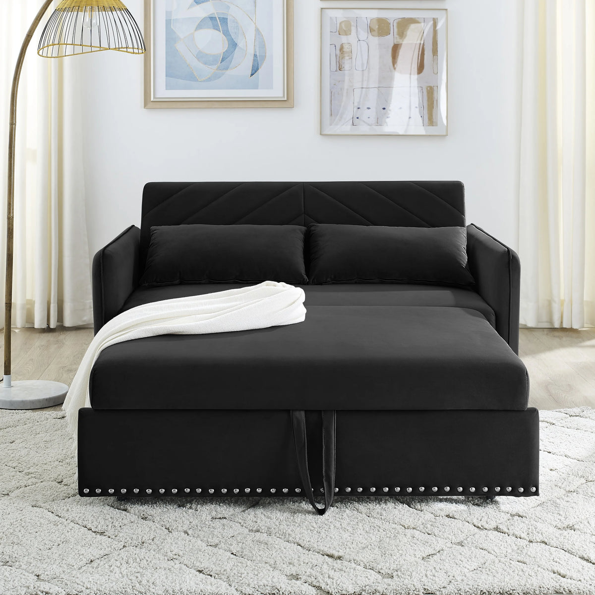 Black Velvet 3 in 1 Sleeper Sofa Couch Bed with 2 USB Ports L86773