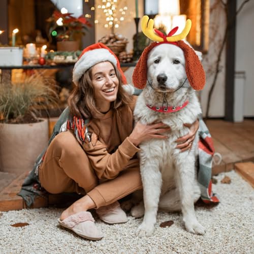 Christmas Deer Antler Dog Costume Reindeer Ears Headband Red Collar T2371