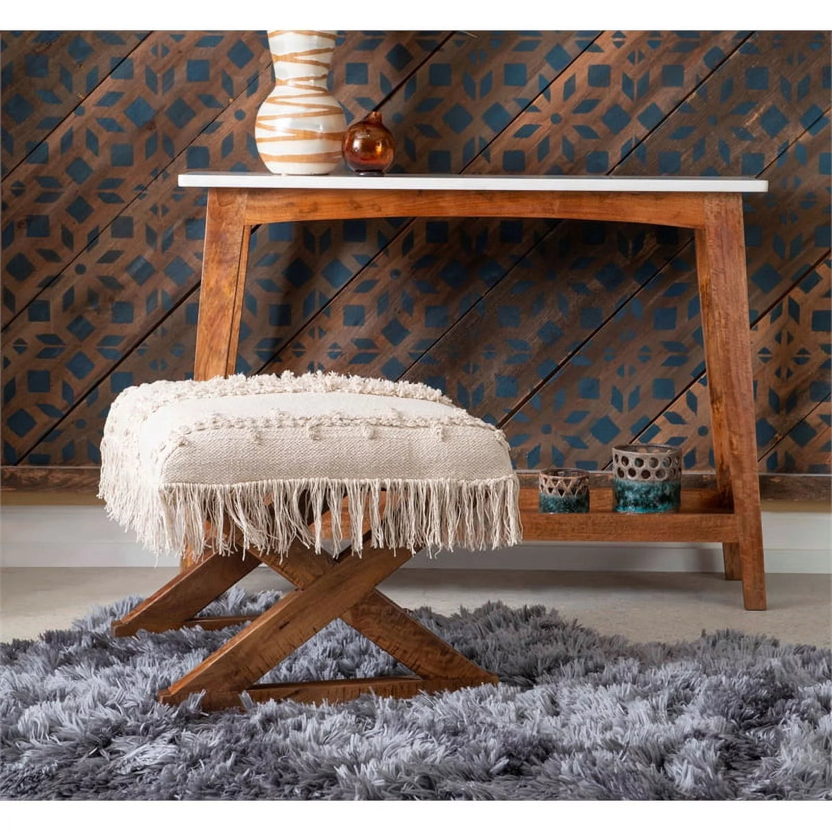 Brown Mango Wood and Marble Console Table T470109
