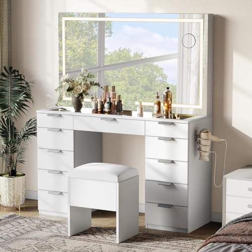 White Vanity Desk Set with LED Mirror and 11 Drawers H185