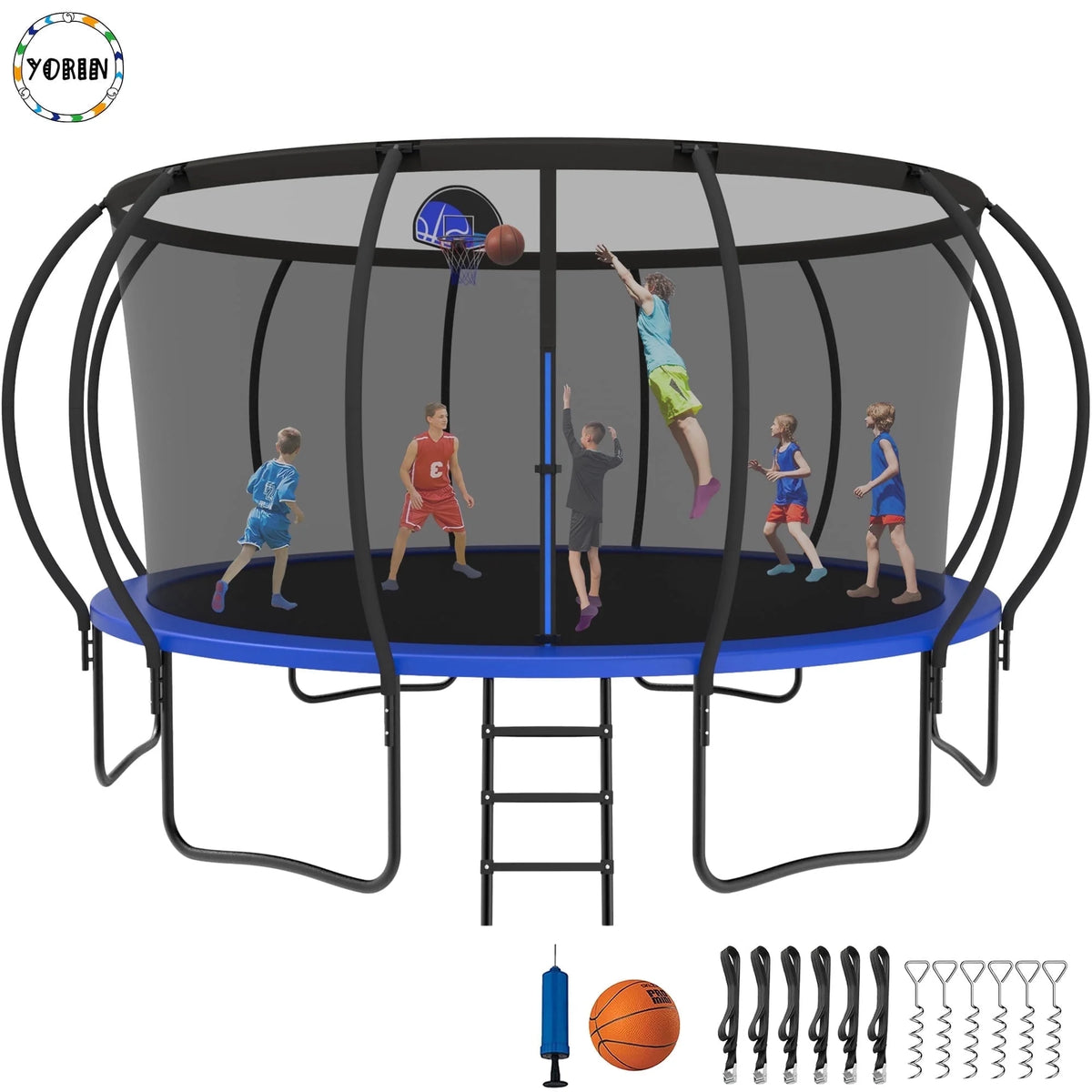 14 FT Trampoline with Enclosure Net, Basketball Hoop, Ladder J871370