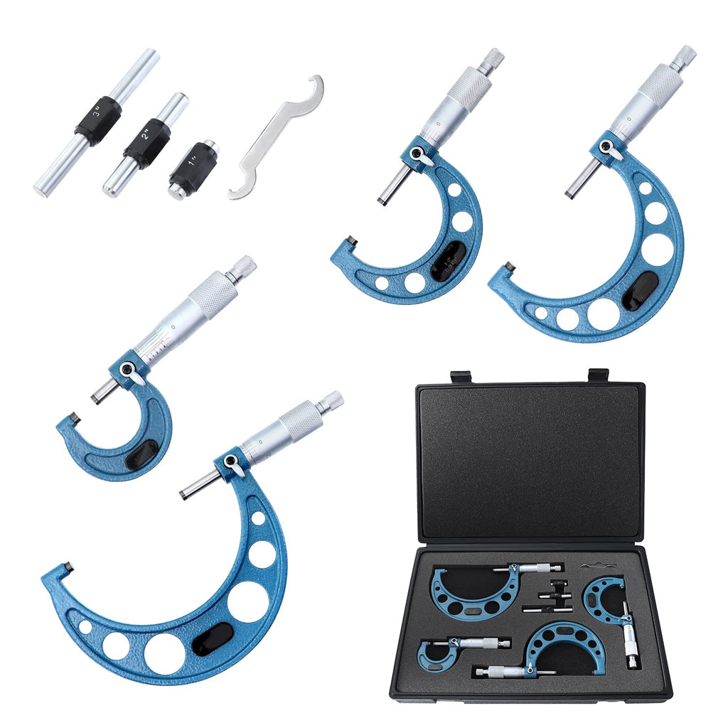 Outside Micrometer Set 0-4inch Range 0.0001" Graduation with Standards, Ratchet Stop, Carbide Heads 4Pcs J4141