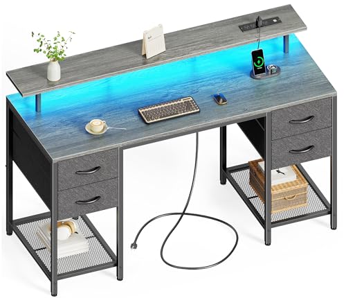 47 inch Computer Desk with 4 Drawers, LED Lights & Power Outlets, Black U704662