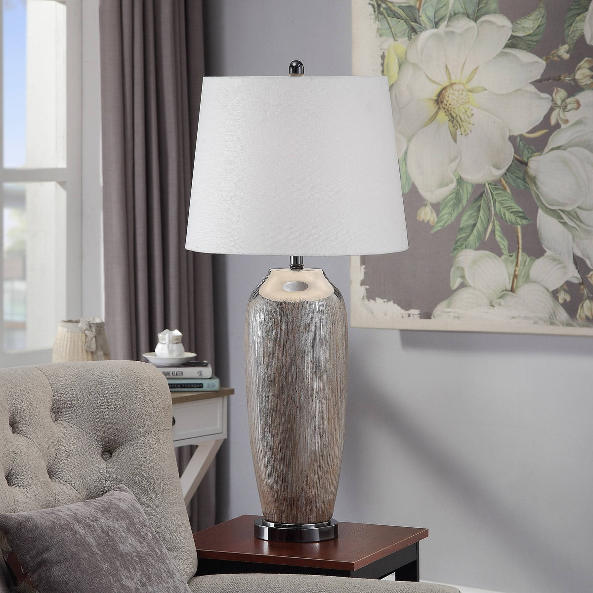 Silver Ceramic Column Table Lamp with Black Nickel Base D481
