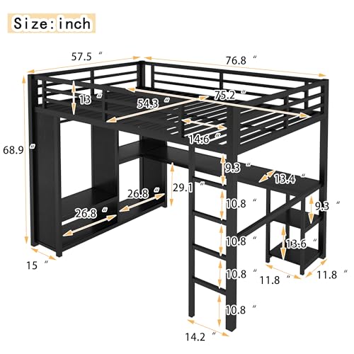 Queen Size Black Metal Loft Bed with Wardrobe and Desk N524