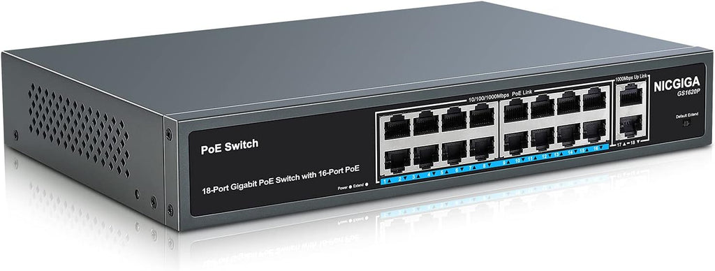 18 Port Gigabit PoE Switch with 16 Ports PoE+@250W, 2 Uplink Ports, Metal Case, RackMount C84865