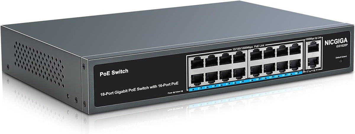 18 Port Gigabit PoE Switch with 16 Ports PoE+@250W, 2 Uplink Ports, Metal Case, RackMount C84865