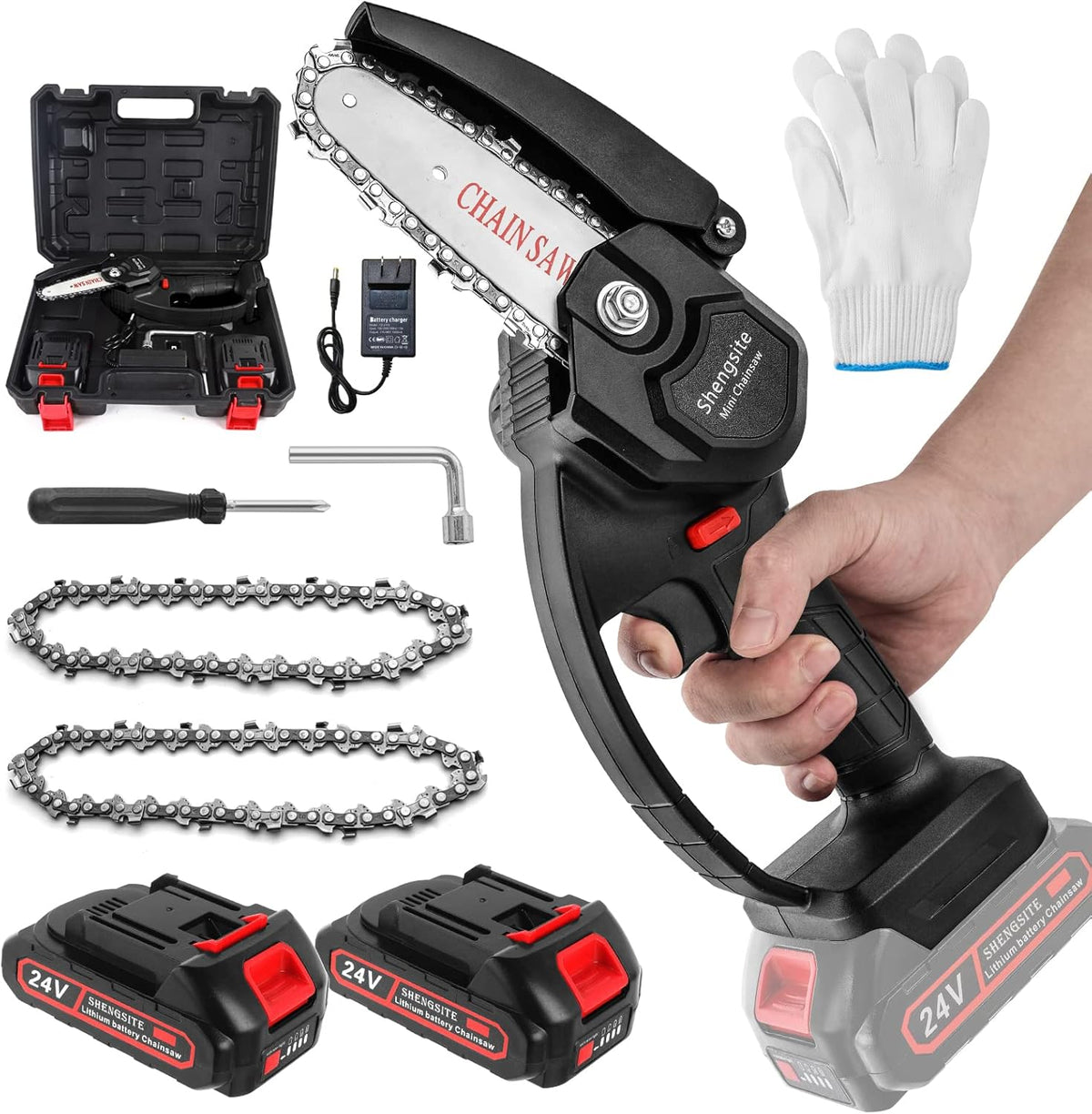 Mini Chainsaw 4-Inch Cordless Chain Saw 24V Battery Powered with Safety Lock, 2 Batteries 2 Chains Pack of 2 F38777