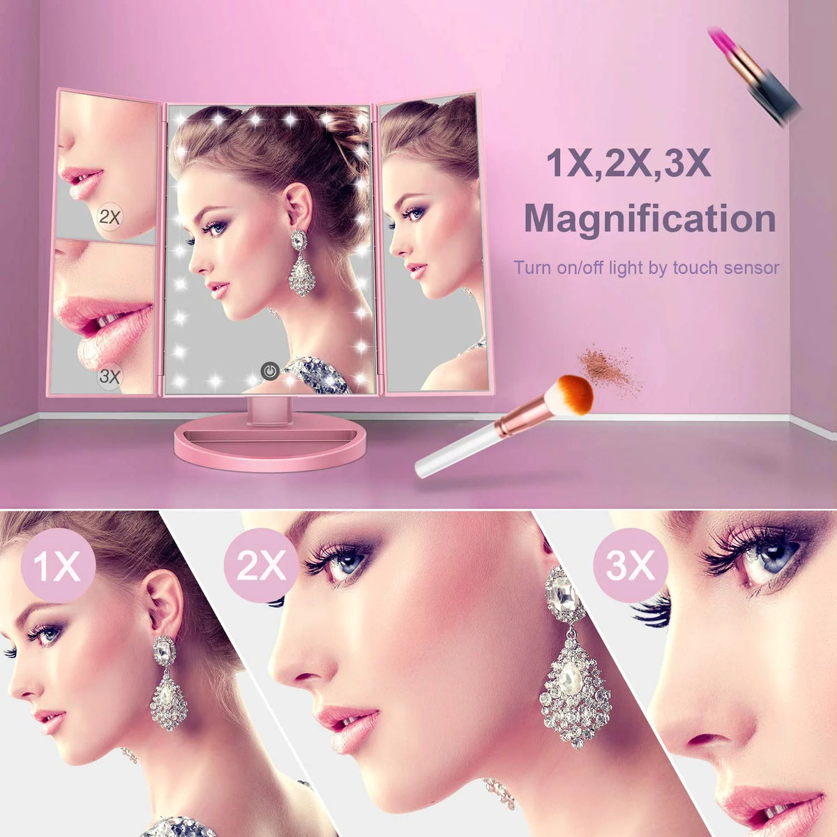 Trifold Makeup Vanity Mirror with Lights W8951