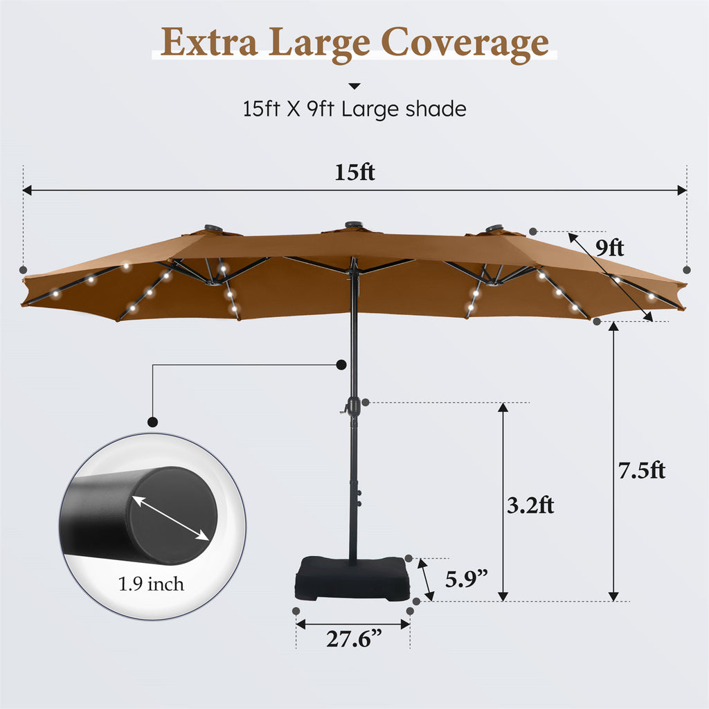 15 FT Double-Sided Solar Patio Umbrella with Base D157099