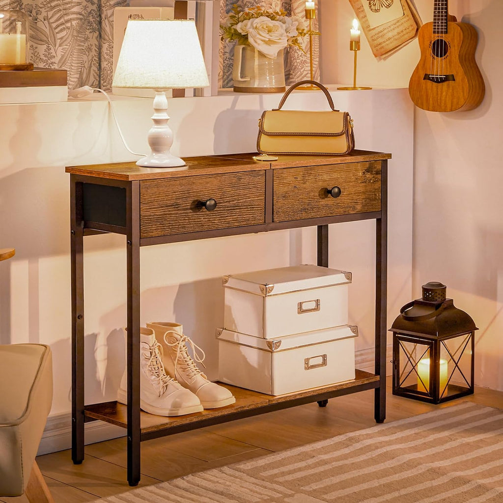 Rustic Brown and Black Narrow Console Table with 2 Fabric Drawers L25570