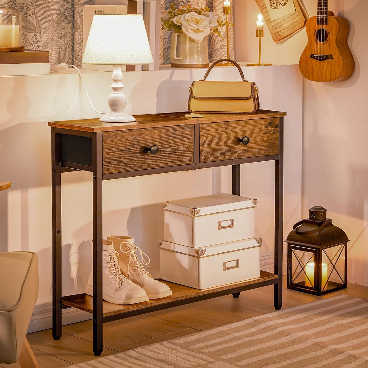 Rustic Brown and Black Narrow Console Table with 2 Fabric Drawers L25570