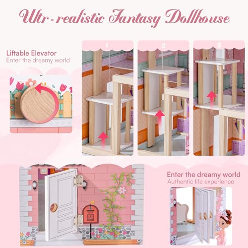 Wooden Dollhouse Playset with 24 Pcs Furniture W360550