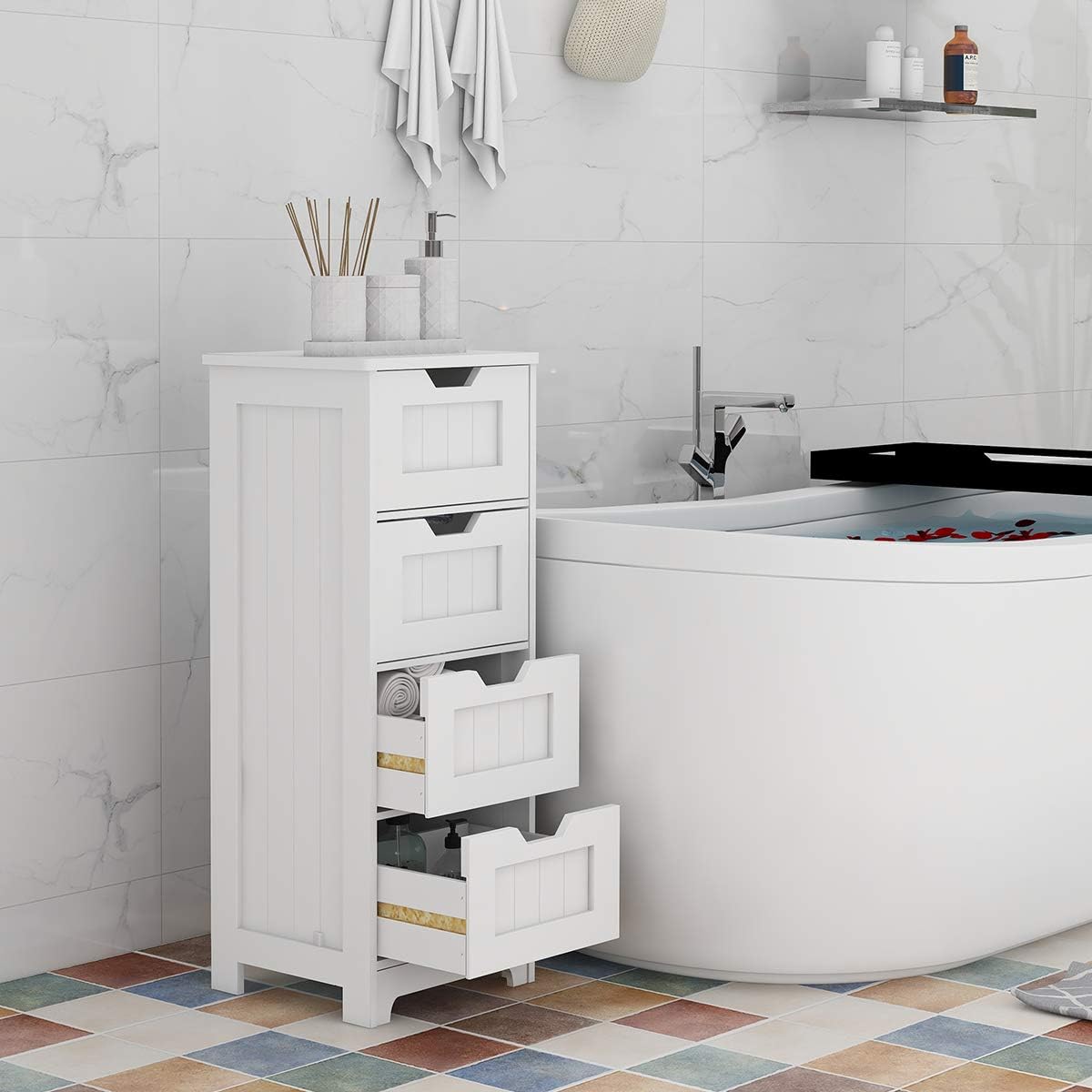White Freestanding Storage Cabinet with 4 Drawers G417