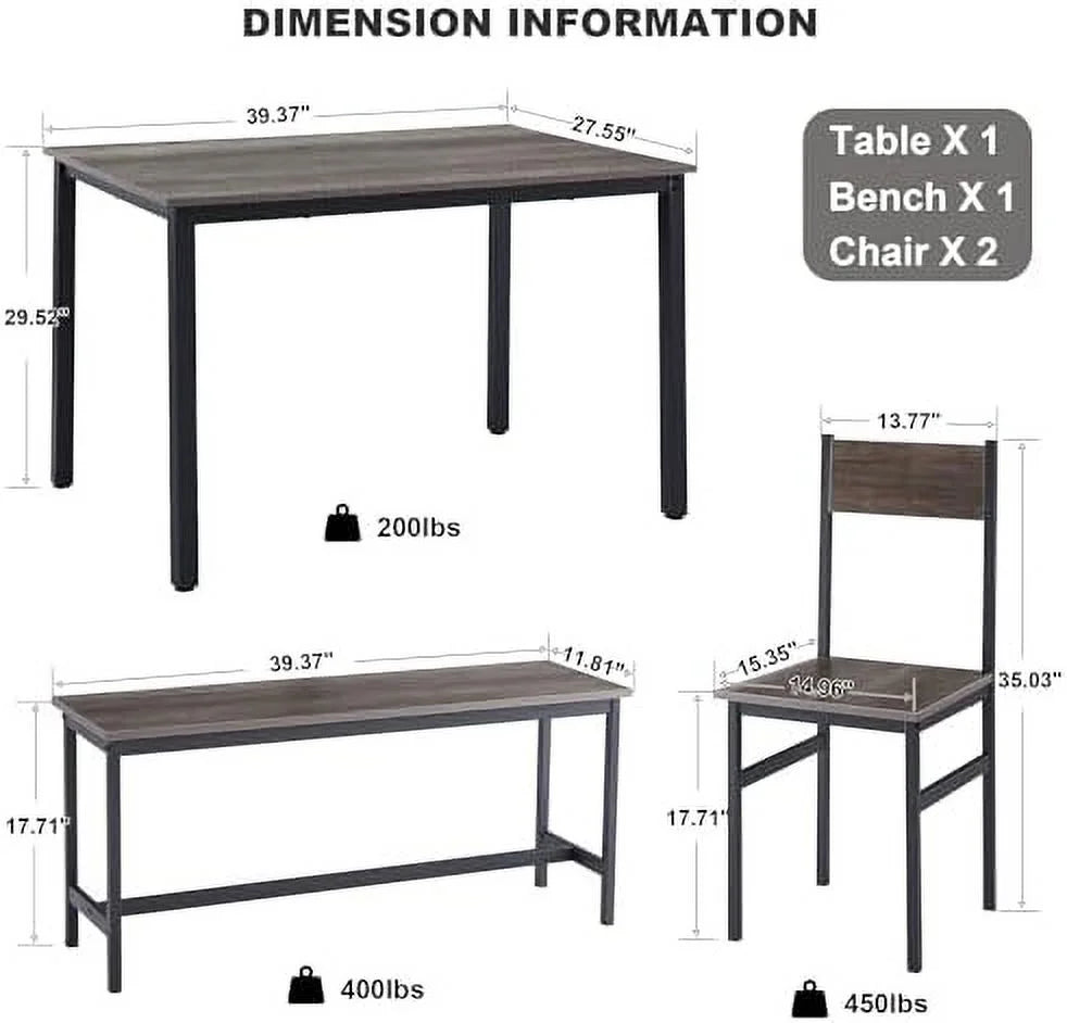 Dining Room Table Set with 2 Chairs and Bench Metal Frame Wood T6962