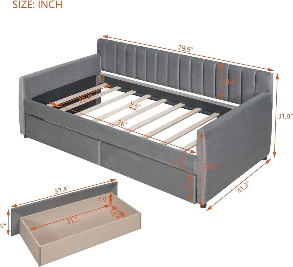 Velvet Gray Upholstered Daybed with 2 Storage Drawers X718