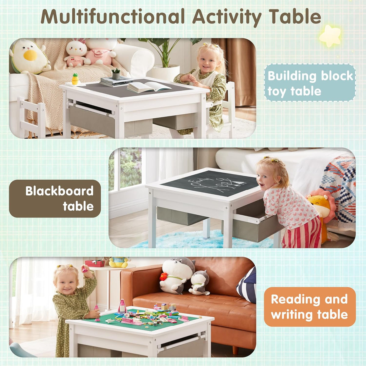 White Wooden Kids Table with Storage Drawers N142