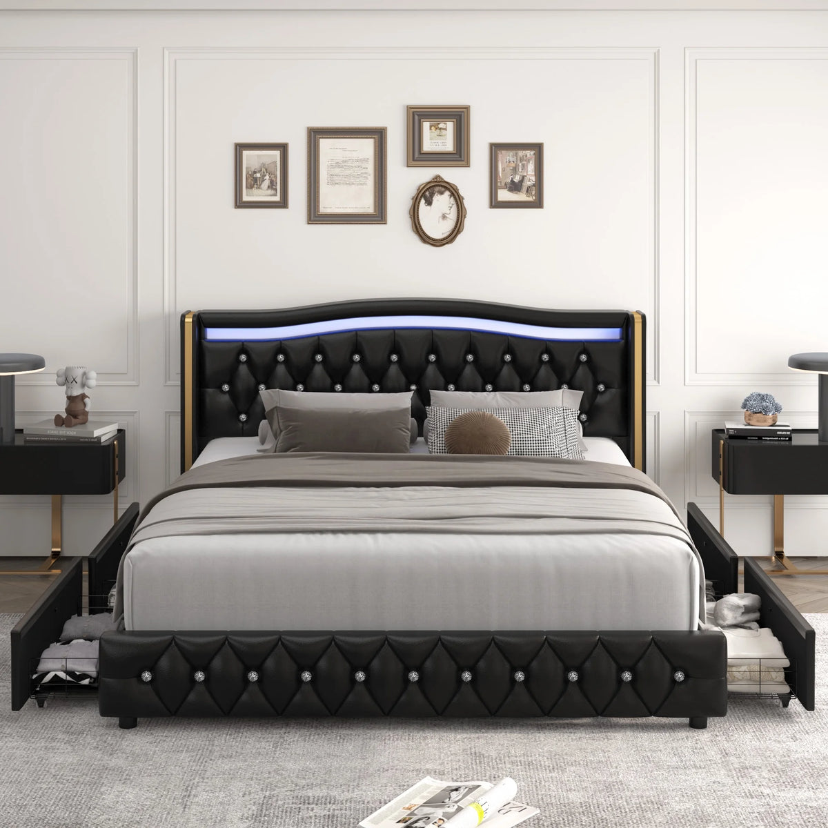 White Queen Size LED Platform Bed with 4 Storage Drawers T46884