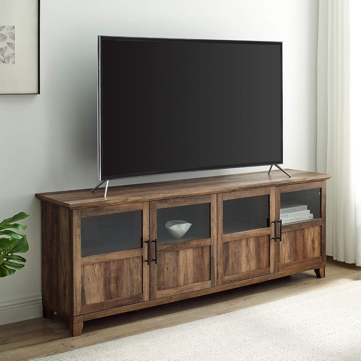 70 Inch Rustic Oak Glass and Wood TV Stand H386