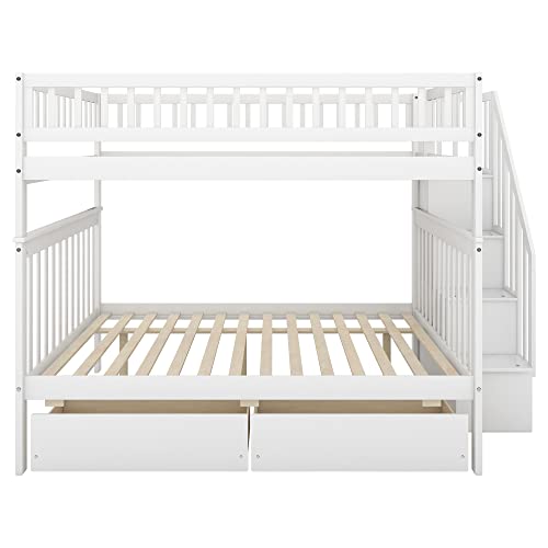 White Full Over Full Wood Bunk Bed with Trundle and Stairs F34548