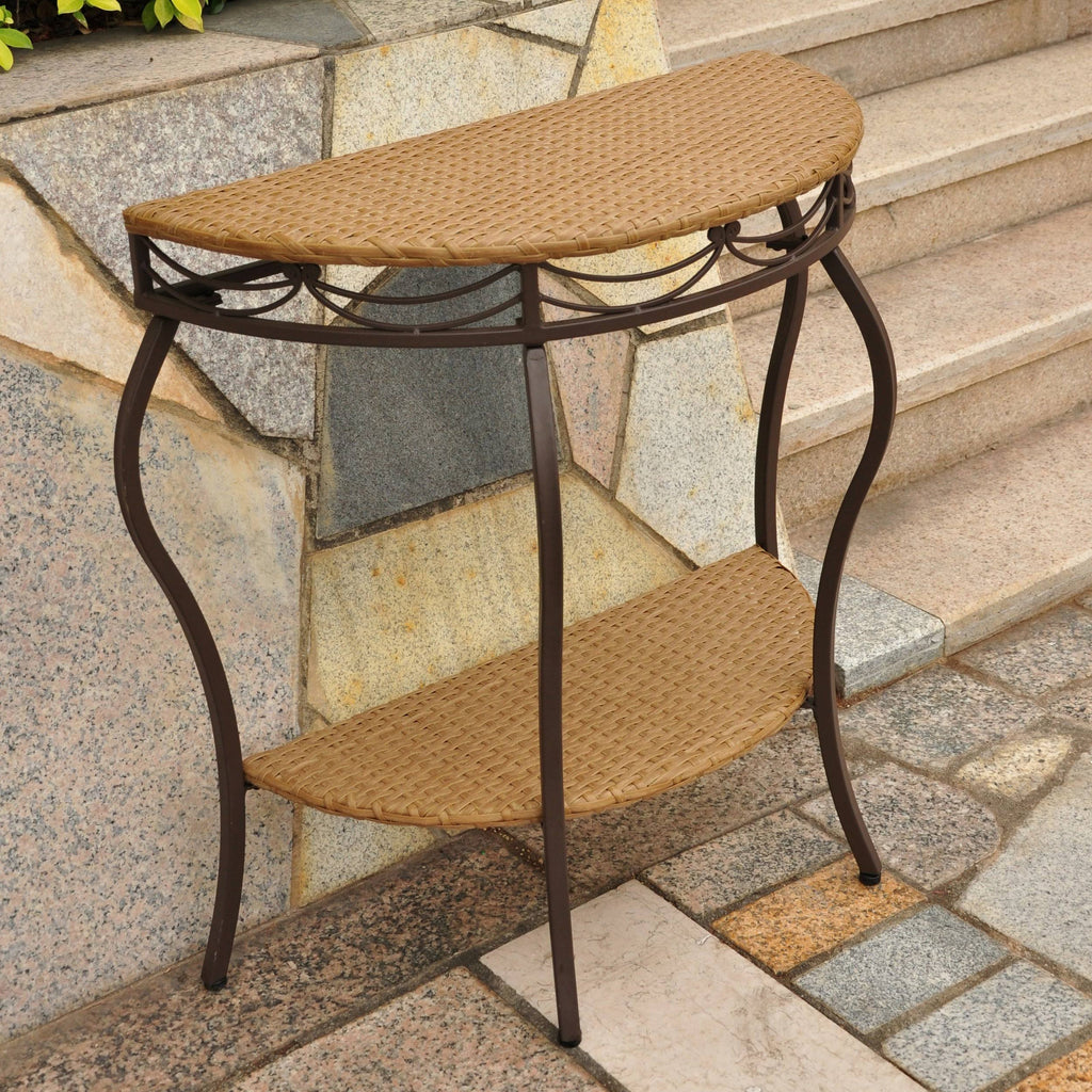 Antique Brown Resin Wicker/Steel Two Tier Half Moon Wall Table N7643