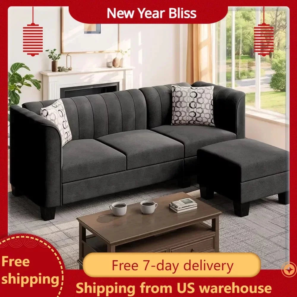 Black Linen L-Shaped Convertible Sofa Bed P648900
