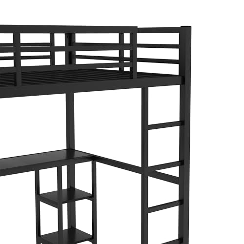Queen Size Black Metal Loft Bed with Wardrobe and Desk N524