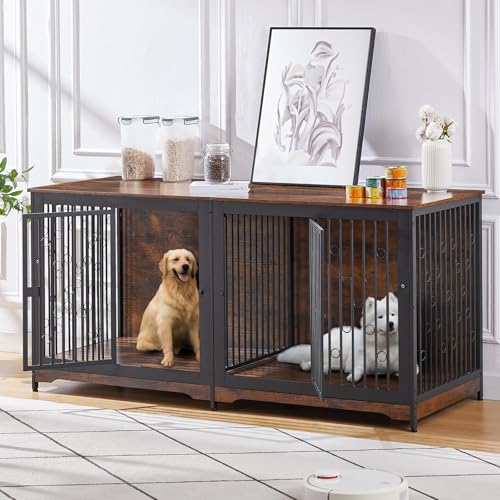 71'' Wooden Double Dog Crate Kennel Cage, Brown Y144