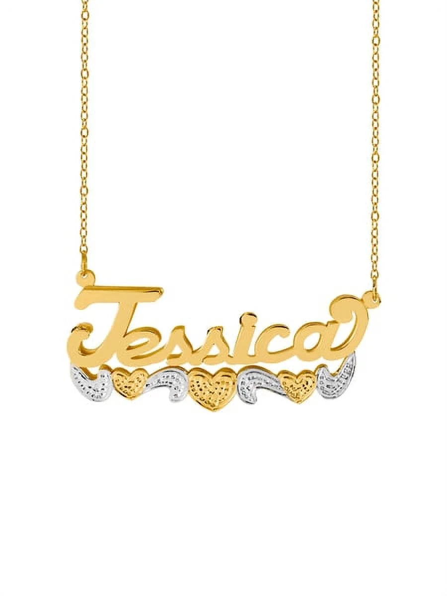 Sterling Silver 14K Gold Plated Double Name Necklace with Hearts and Tail, 18" Link Chain, Spring Ring Clasp P213285