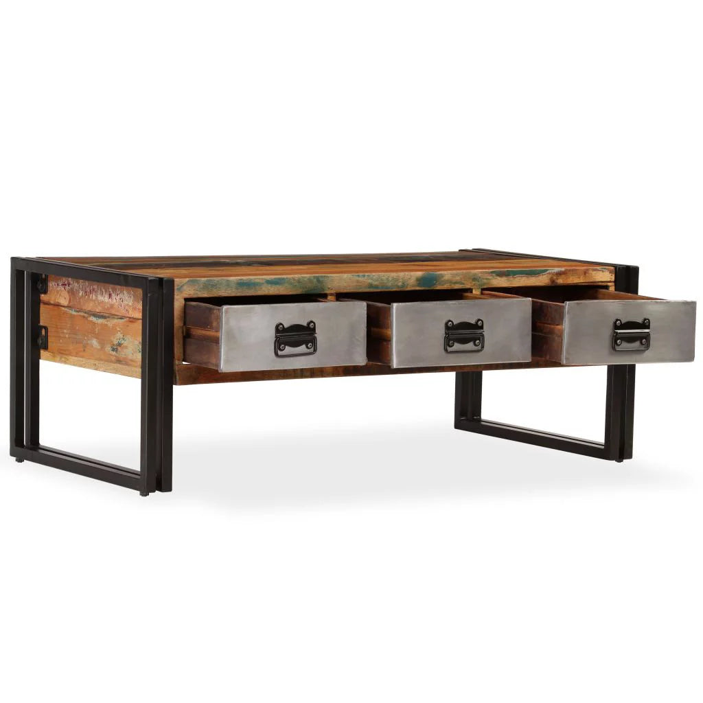 Coffee Table with 3 Storage Drawers Reclaimed Wood Steel Legs S19547