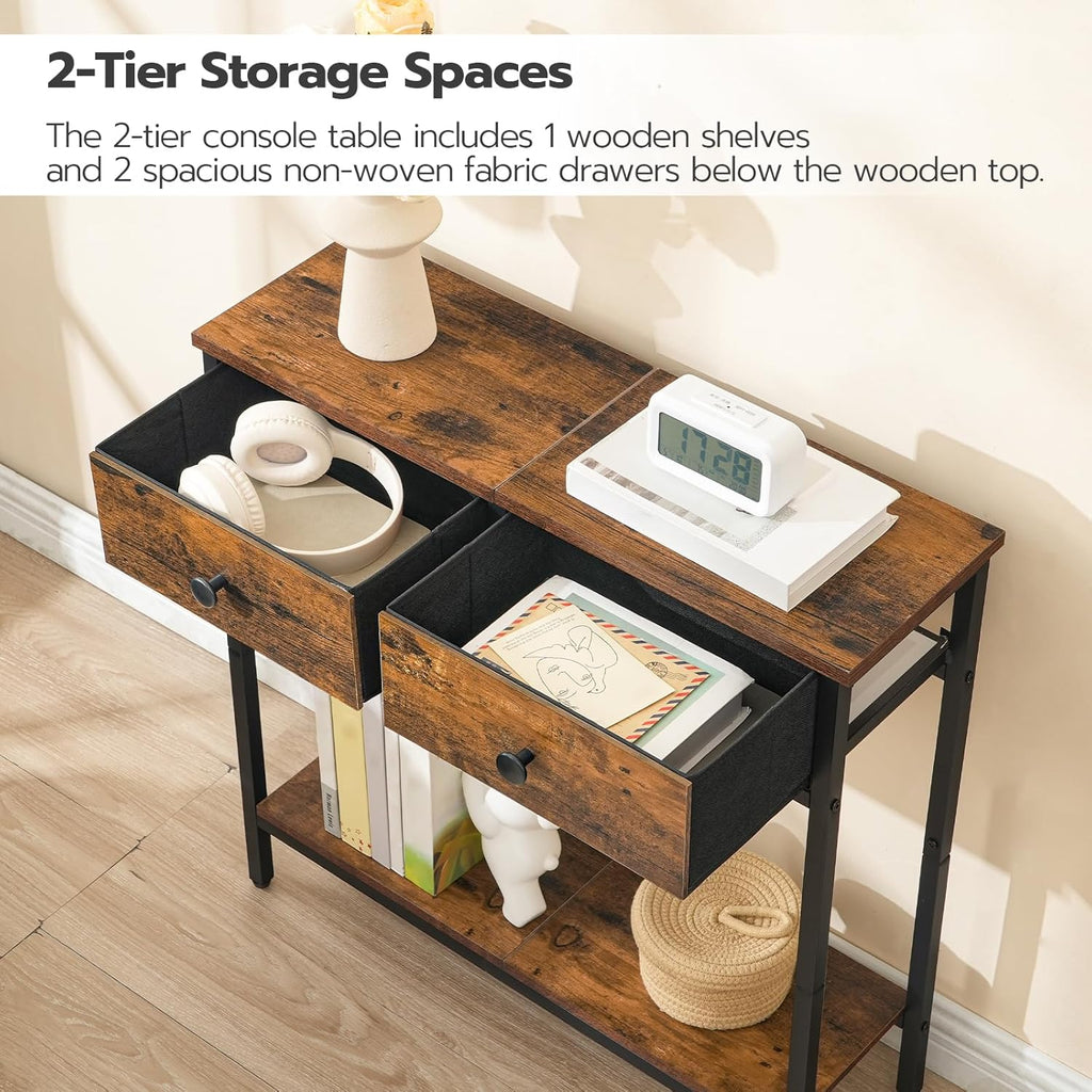 Rustic Brown and Black Narrow Console Table with 2 Fabric Drawers L25570