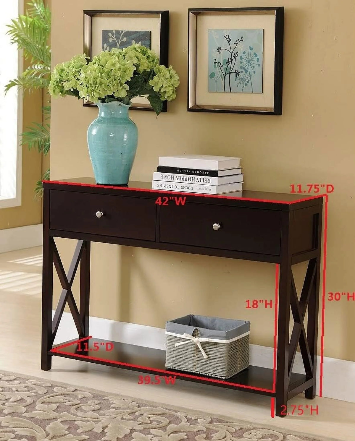 Cherry Console Sofa Entryway Table with Storage Shelf & Drawers Q885591