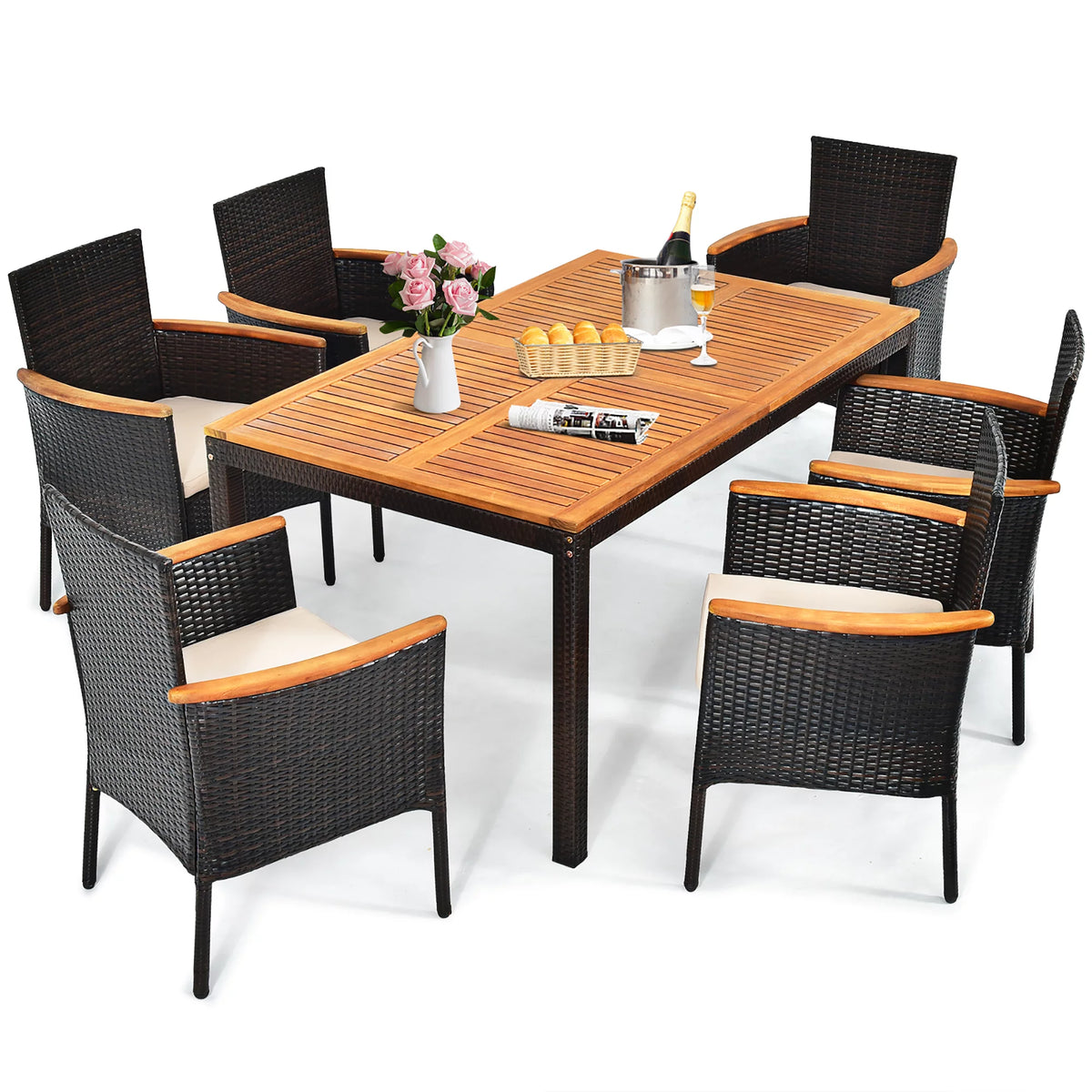 7 Pc Patio Rattan Dining Set Cushioned Chair Wooden Tabletop P412