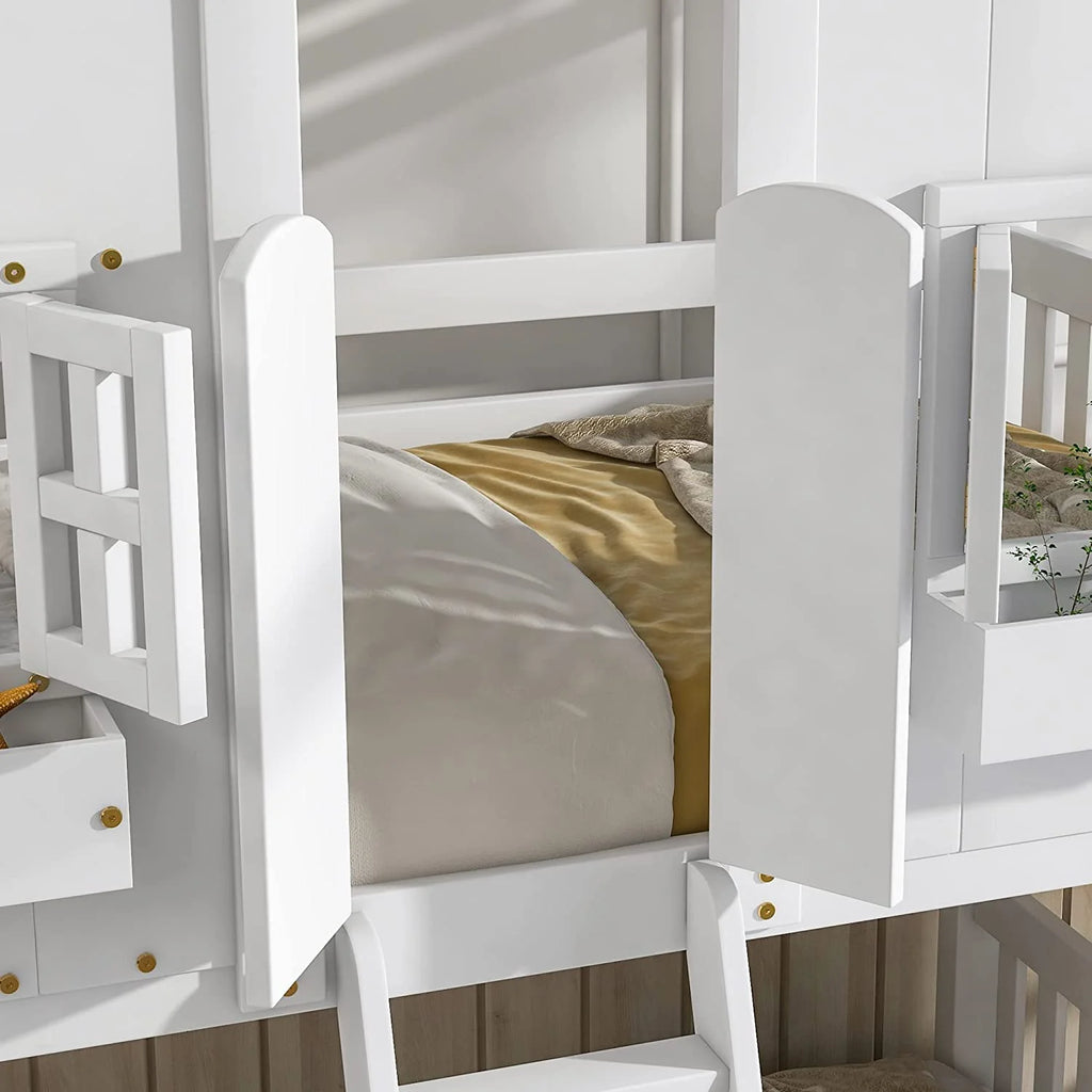 White Wood Frame Kids Bed with Roof and Safety Guardrails Q675