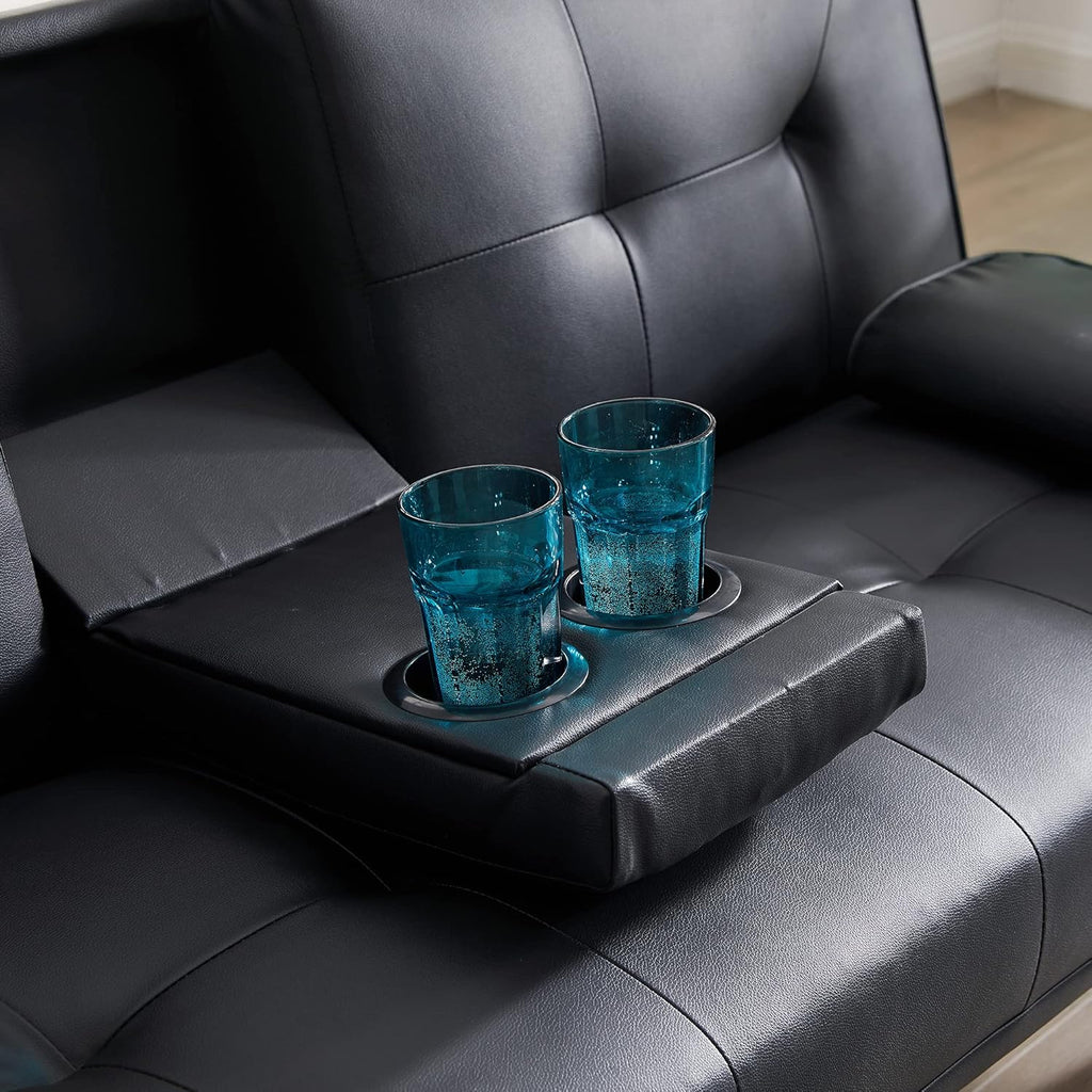 Black Faux Leather Loveseat Sofa Bed with Cup Holders X164020