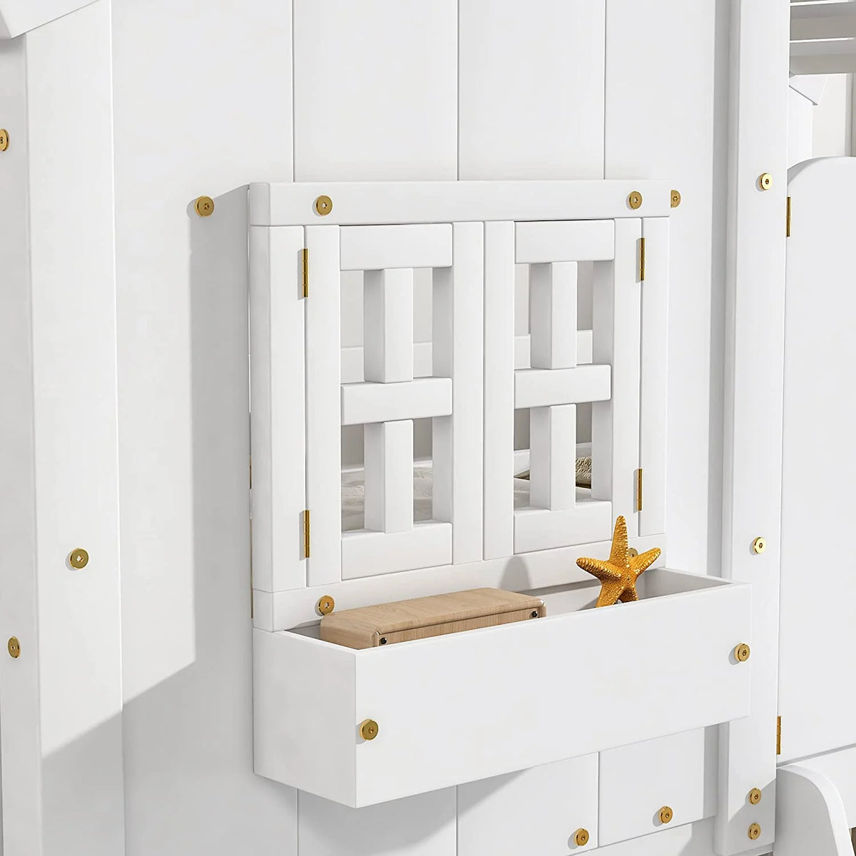 White Wood Frame Kids Bed with Roof and Safety Guardrails Q675