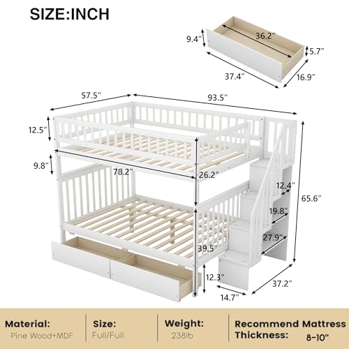 White Full Over Full Wood Bunk Bed with Trundle and Stairs F34548